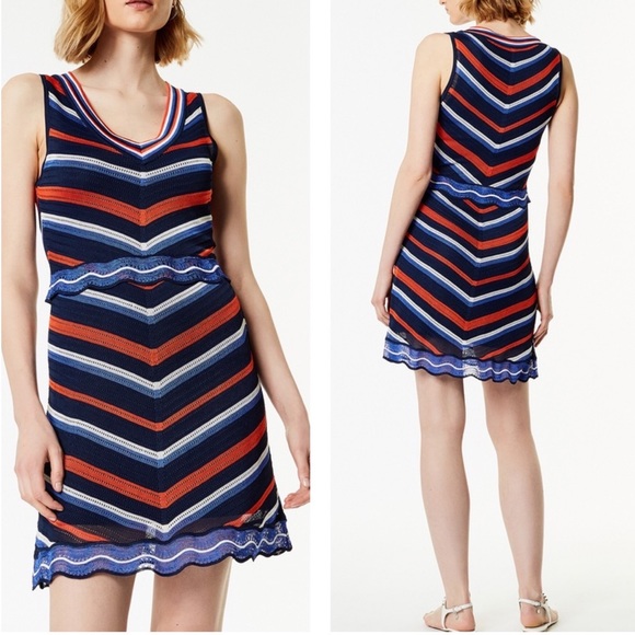 Karen Millen Blue & Orange Stripe Chevron Lightweight Knit Scallop Hem Dress - Picture 1 of 12